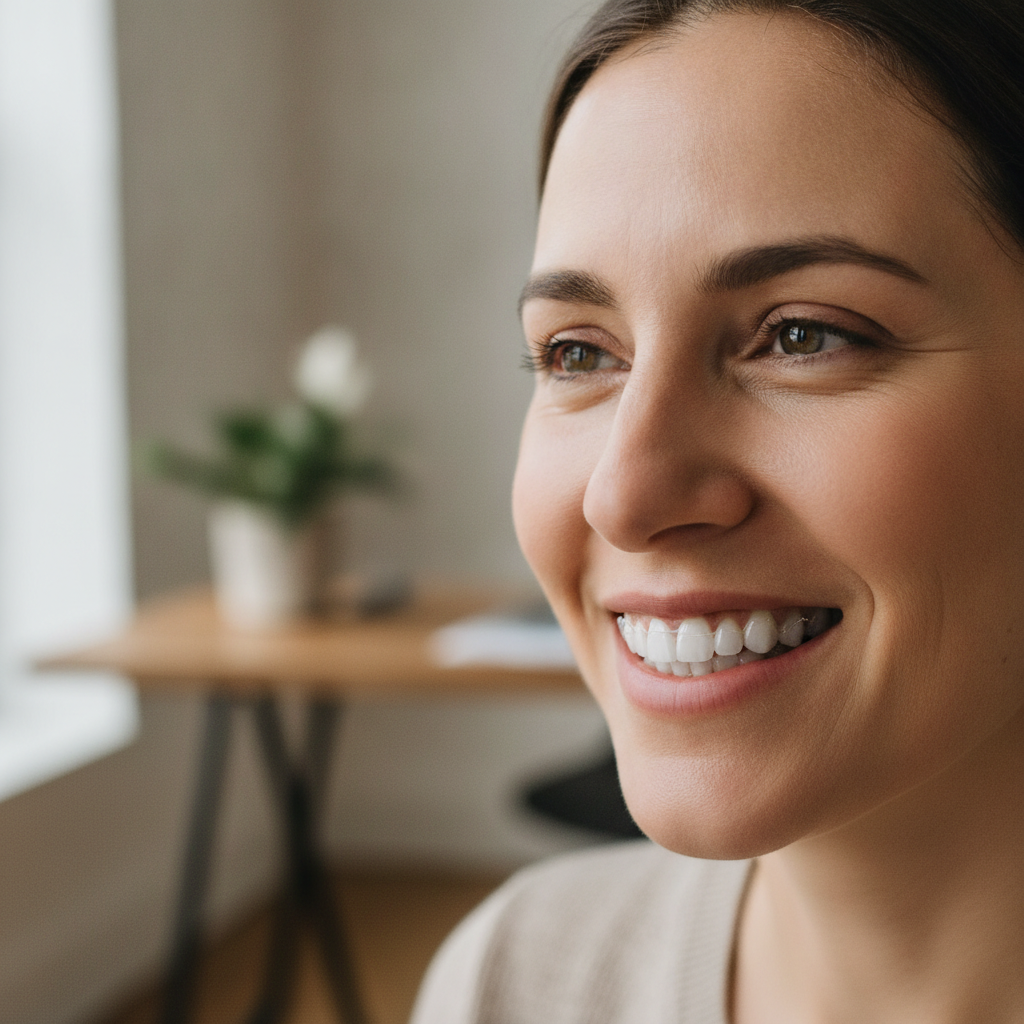 Adult smiling, wearing