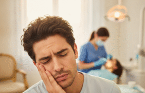Person clutches jaw in — emergency dental care