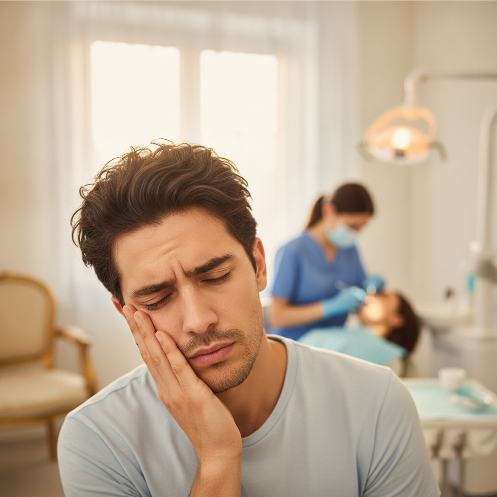 Person clutches jaw in — emergency dental care