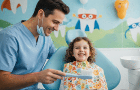 Happy child in a — pediatric dental care