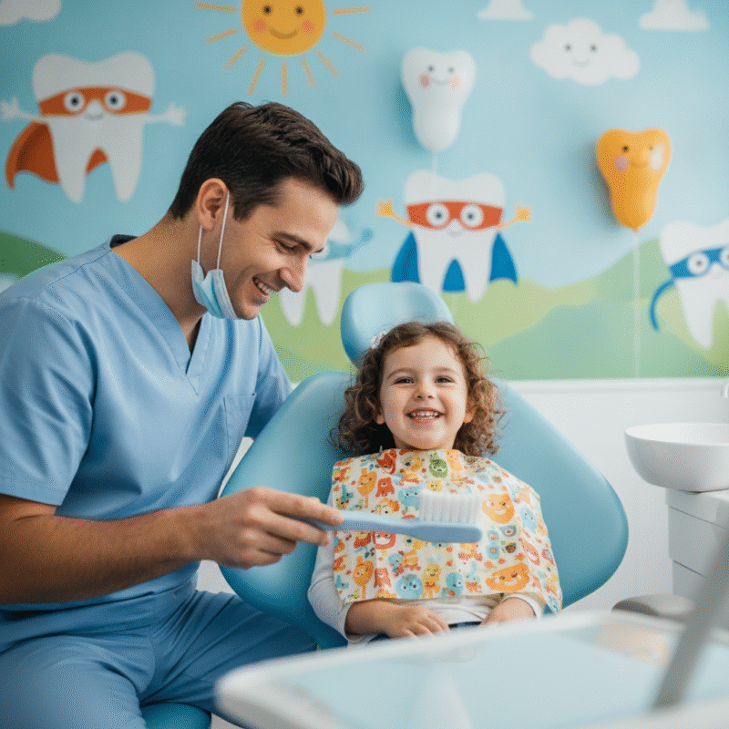 Happy child in a — pediatric dental care