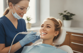 Smiling patient in a — invisalign cleaning schedule