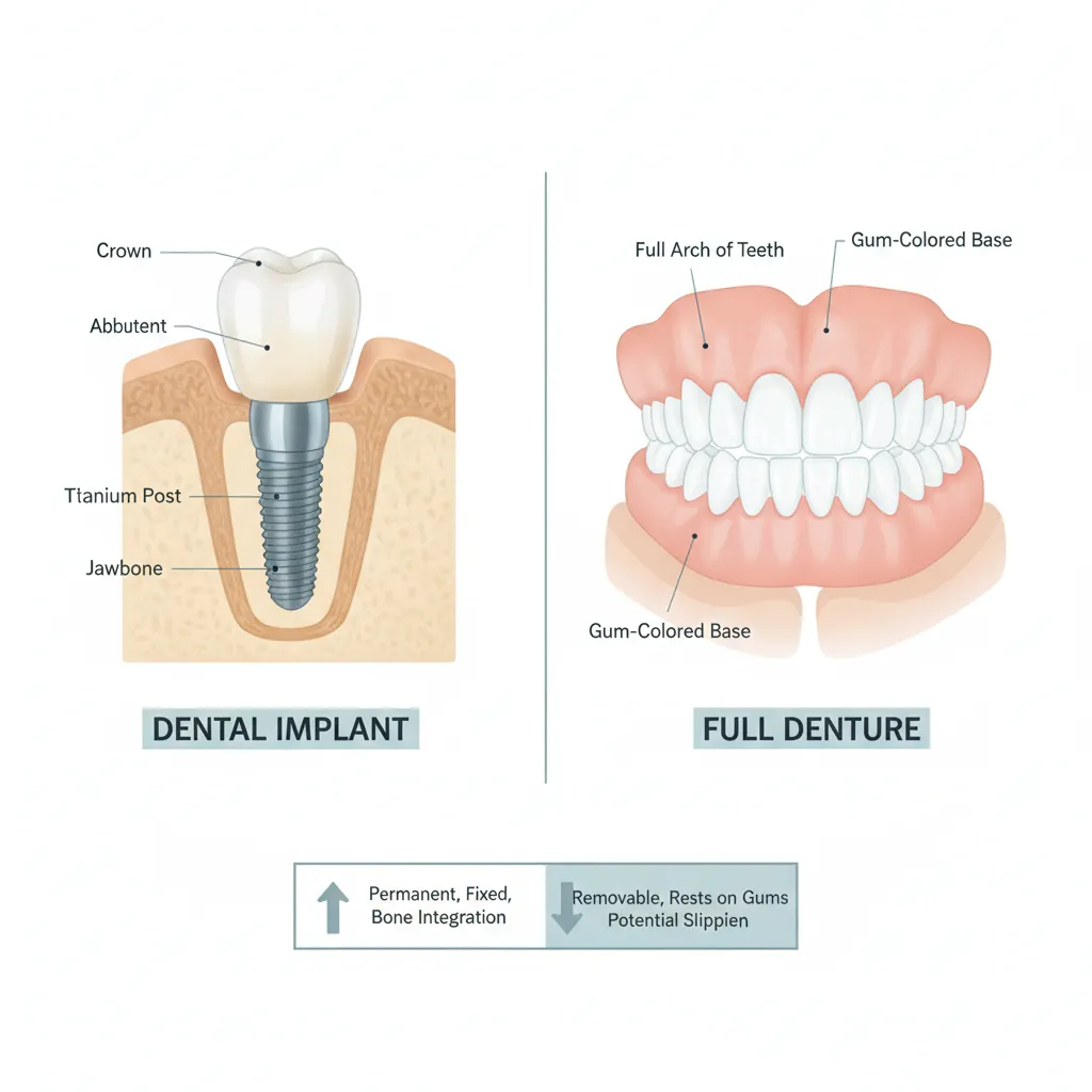Diagram comparing a dental implant with a full denture