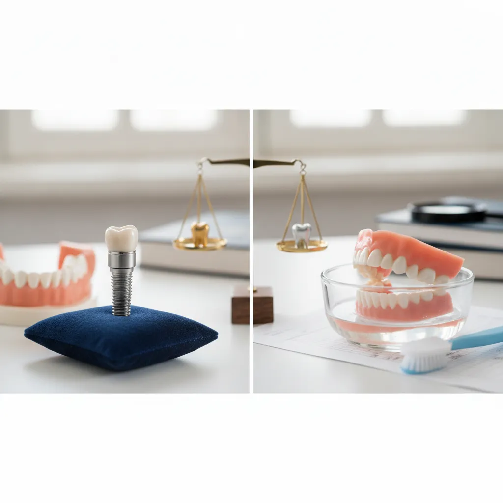 Dental implant and a set of dentures side by side
