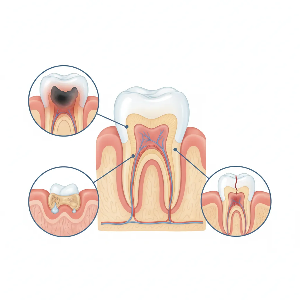 Diagram of a tooth showing how decay spreads to the pulp and root