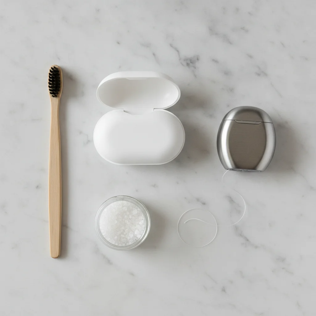 A clean, aesthetic flat-lay composition showing an aligner storage case, soft-bristle toothbrush, dental floss, and clear